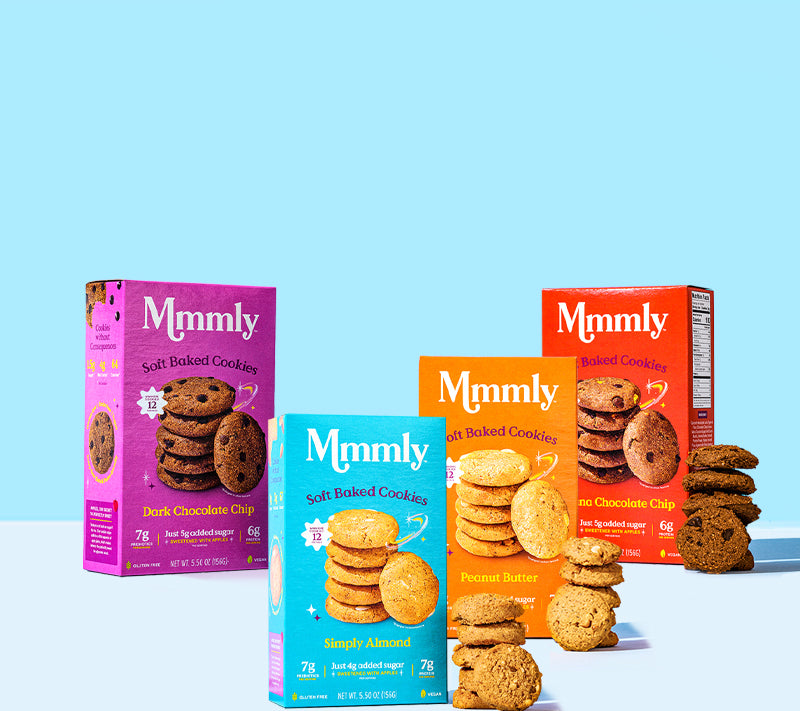 Mobile Hero banner featuring 4 flavors of Mmmly soft baked cookies - Dark chocolate, Peanut butter, Simply Almond, Banana Chocolate