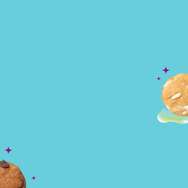 Light blue background banner with chocolate cookies and a clown on the borders - Mobile version